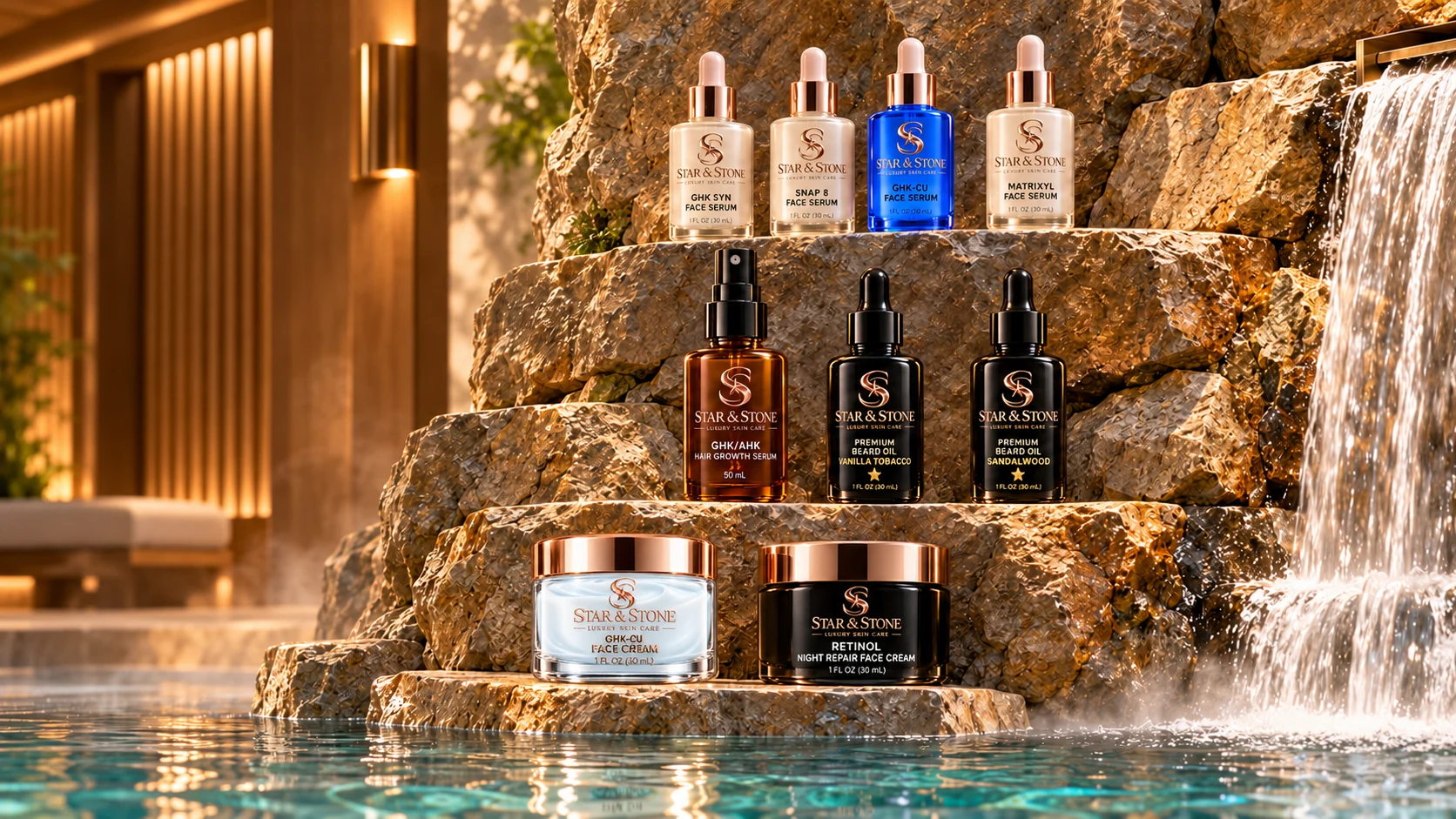 Star & Stone serums, beard oils, hair spray, and face creams on natural stone ledges beside an indoor spa waterfall
