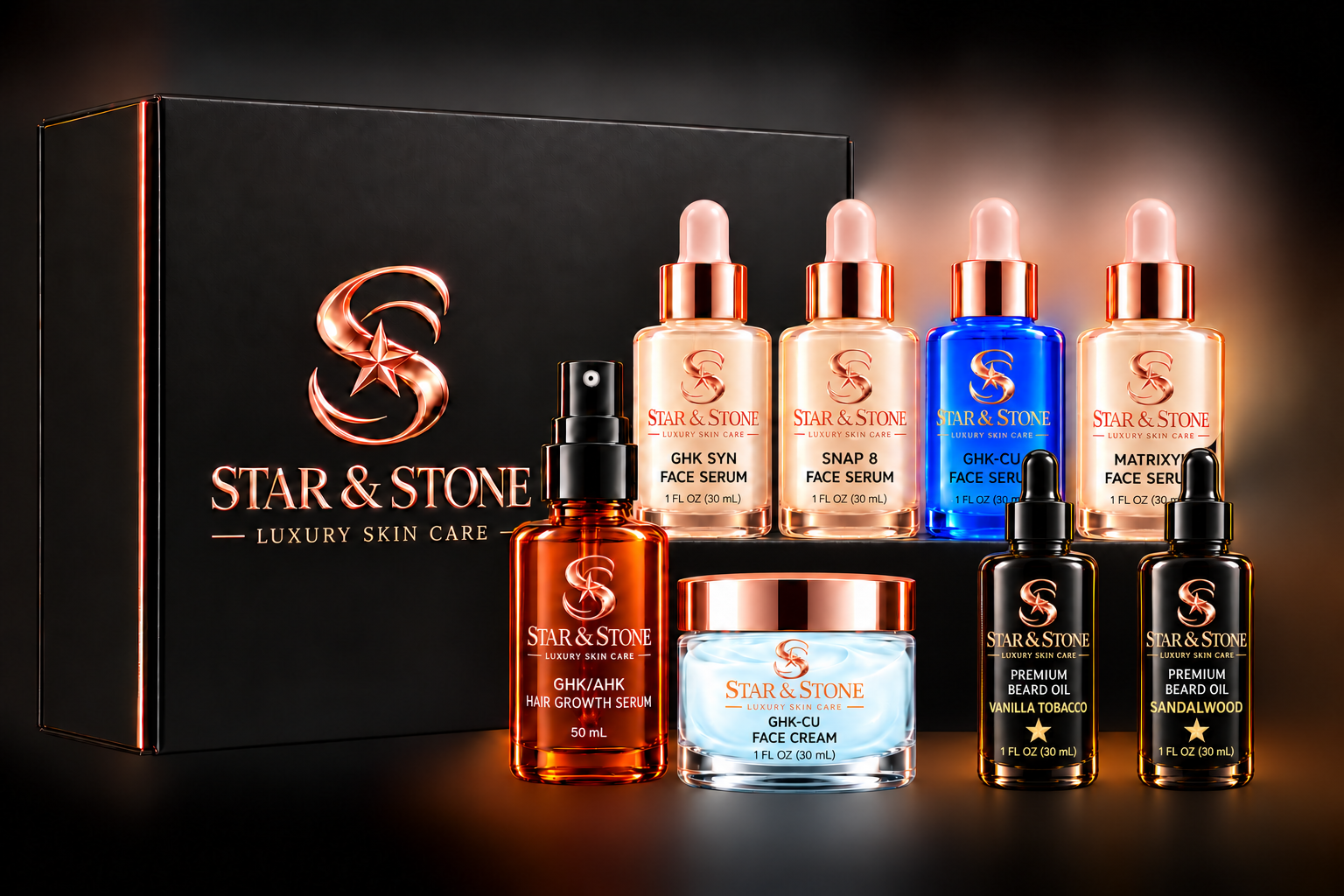 Star & Stone luxury travel collection with glossy glass serum bottles, hair spray, beard oils, GHK-Cu face cream, and a black presentation box